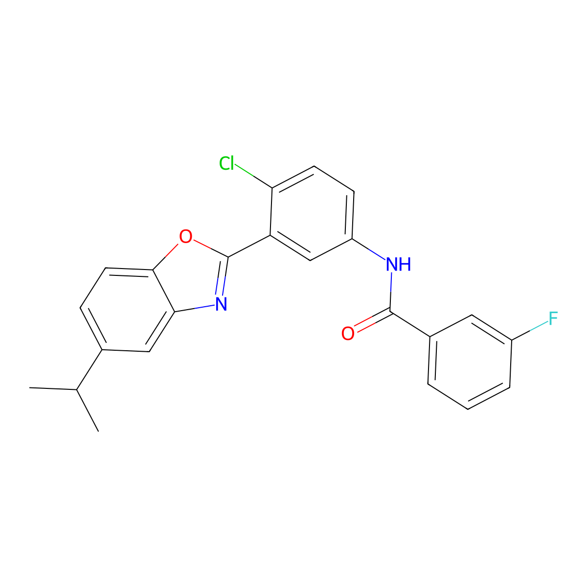 N-{4-chloro-3-[5-(propan-2-yl)-1,3-benzoxazol-2-yl]phenyl}-3-fluorobenzamide molecular structure, CAS 5491-83-8