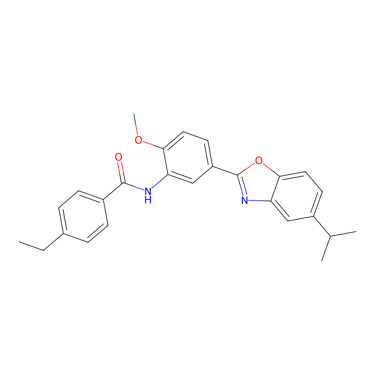 4-ethyl-N-{2-methoxy-5-[5-(propan-2-yl)-1,3-benzoxazol-2-yl]phenyl}benzamide molecular structure, CAS 5492-14-8