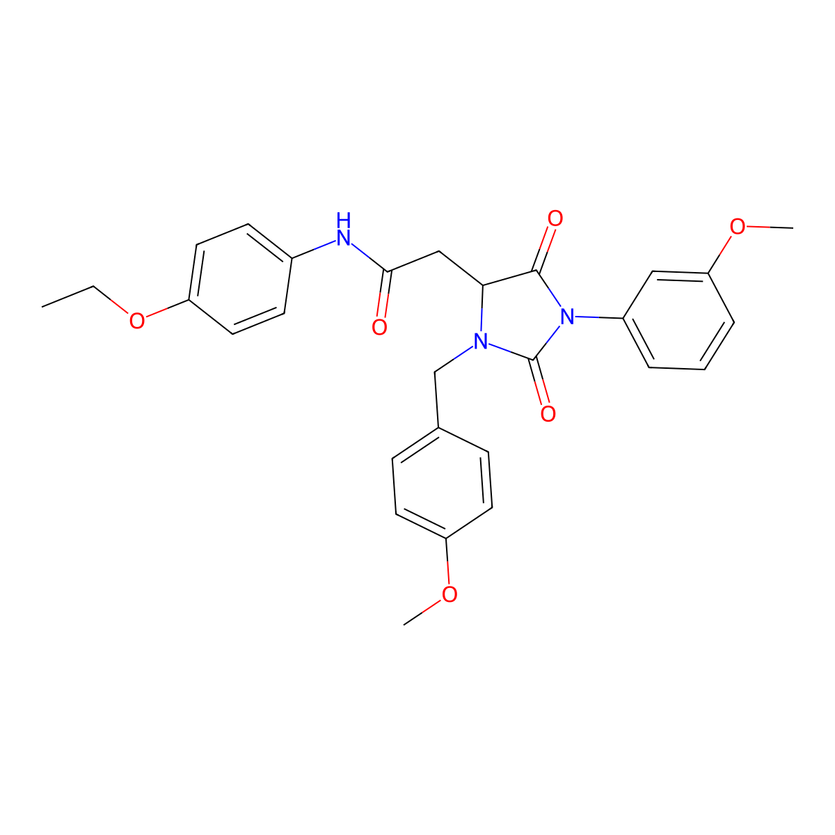 N-(4-ethoxyphenyl)-2-[3-(4-methoxybenzyl)-1-(3-methoxyphenyl)-2,5-dioxoimidazolidin-4-yl]acetamide molecular structure, CAS 5493-62-9