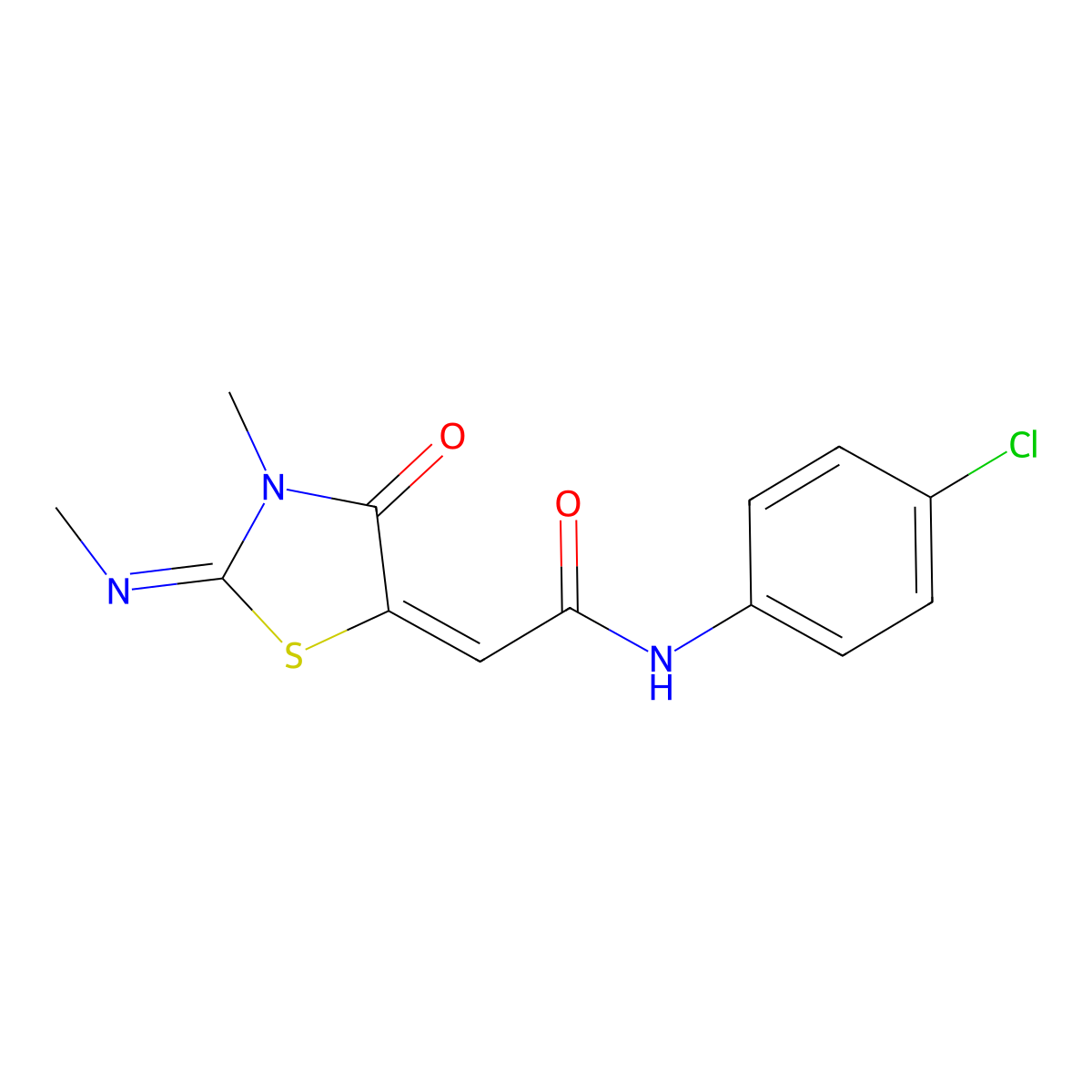 N-(4-chlorophenyl)-2-(3-methyl-2-methylimino-4-oxo-1,3-thiazolidin-5-ylidene)acetamide molecular structure, CAS 5493-89-0