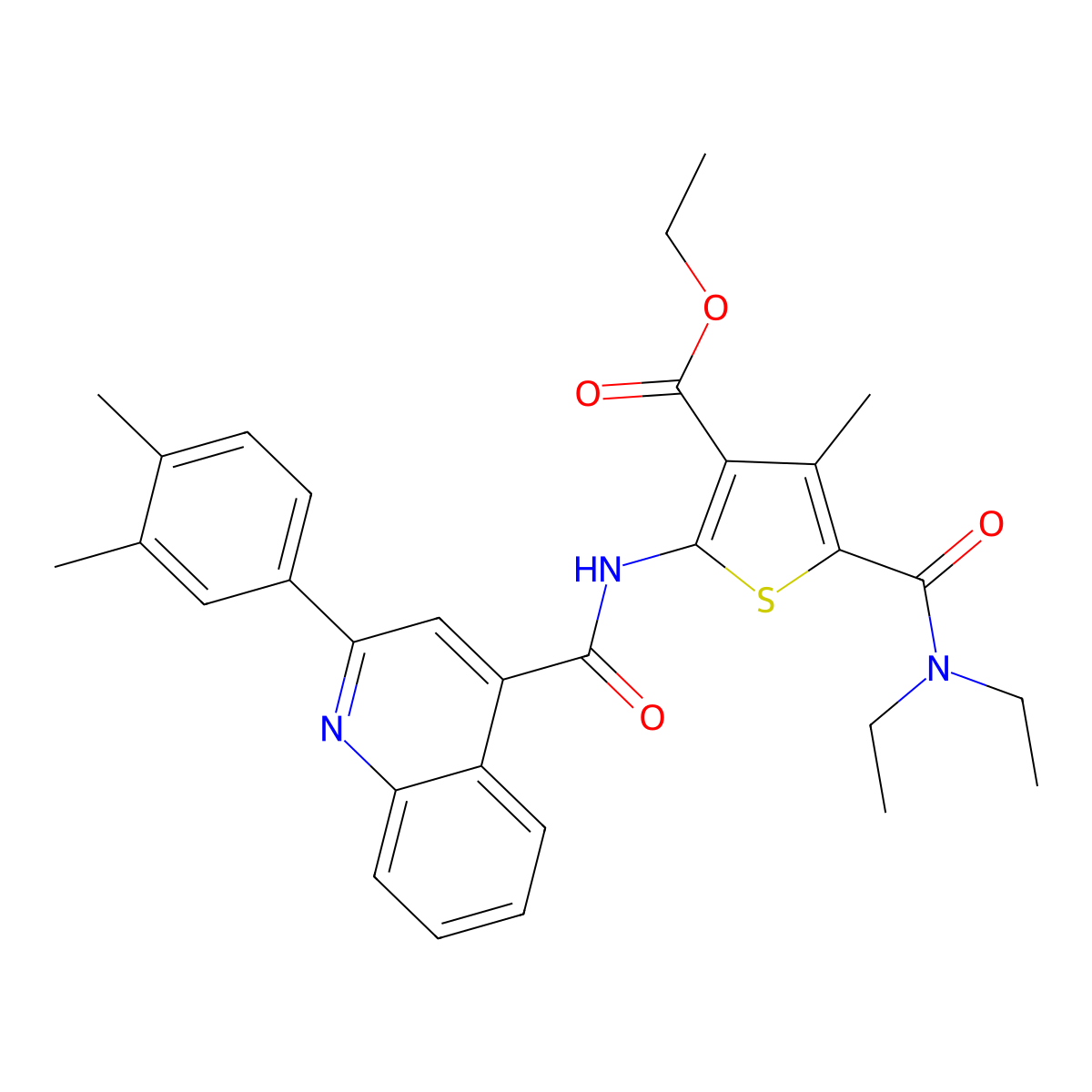Ethyl 5-(diethylcarbamoyl)-2-[[2-(3,4-dimethylphenyl)quinoline-4-carbonyl]amino]-4-methylthiophene-3-carboxylate molecular structure, CAS 549475-23-2