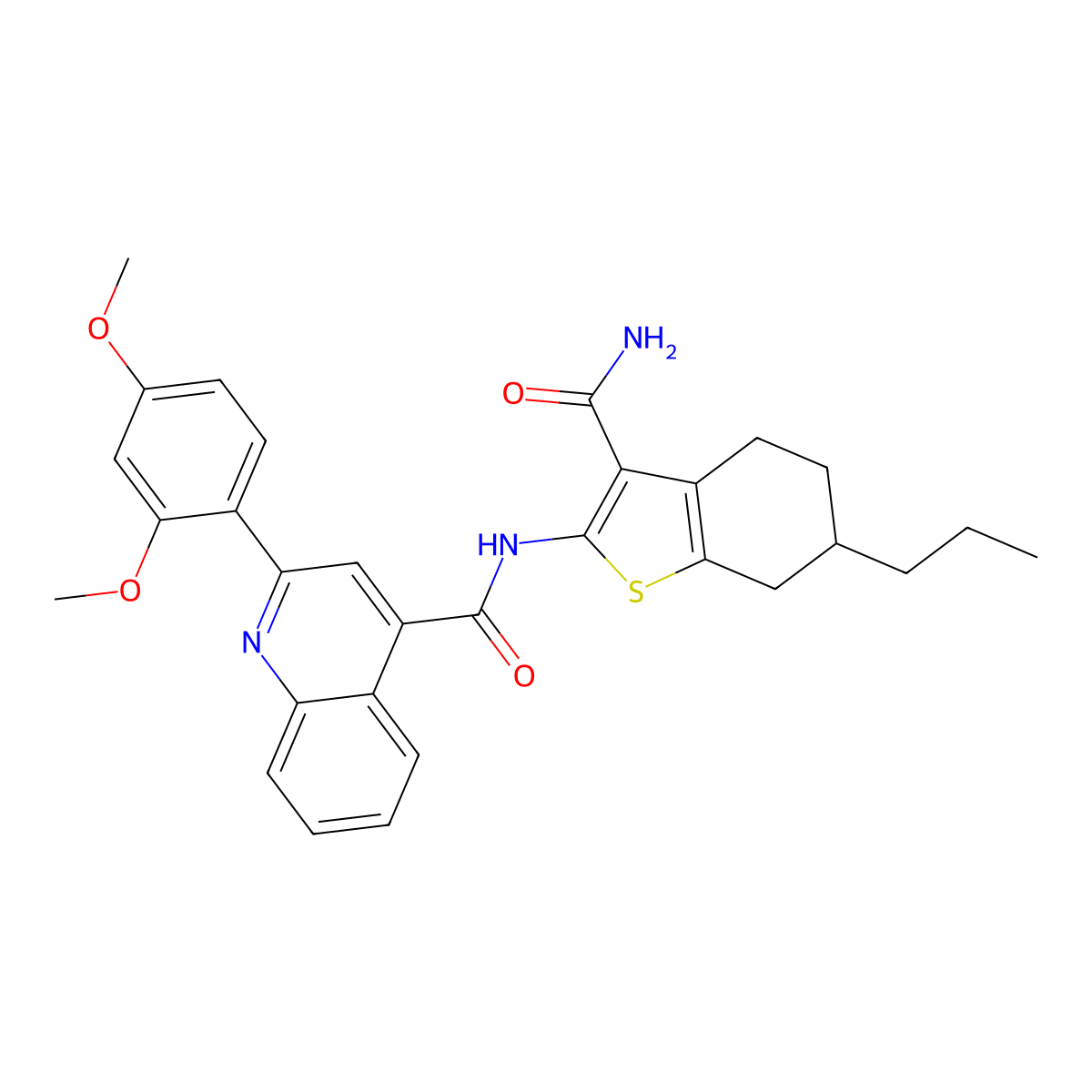 N-(3-carbamoyl-6-propyl-4,5,6,7-tetrahydro-1-benzothiophen-2-yl)-2-(2,4-dimethoxyphenyl)quinoline-4-carboxamide molecular structure, CAS 549482-88-4