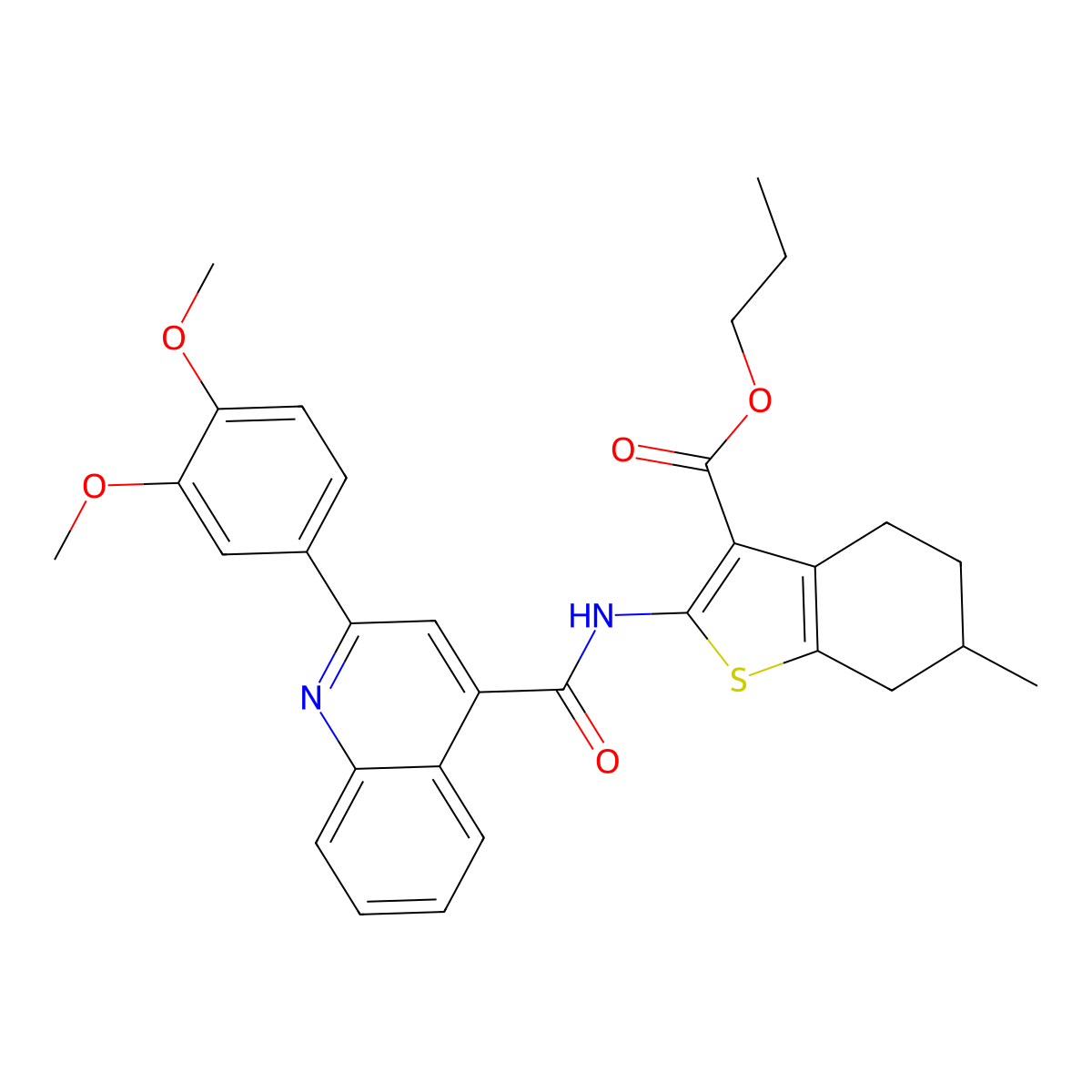 Propyl 2-[[2-(3,4-dimethoxyphenyl)quinoline-4-carbonyl]amino]-6-methyl-4,5,6,7-tetrahydro-1-benzothiophene-3-carboxylate molecular structure, CAS 549483-75-2