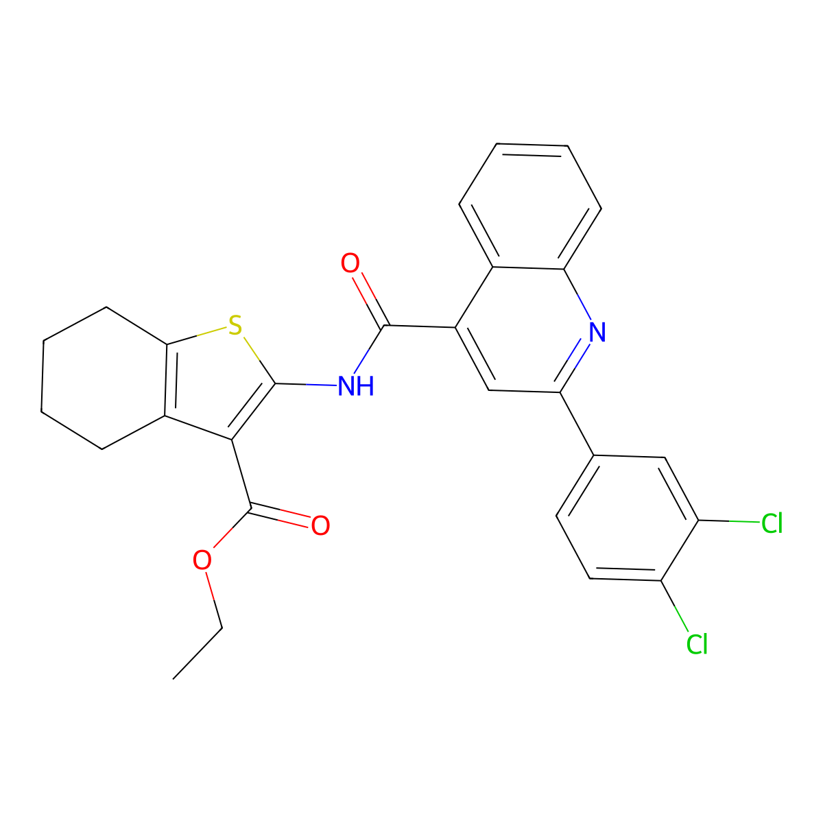 Ethyl 2-[[2-(3,4-dichlorophenyl)quinoline-4-carbonyl]amino]-4,5,6,7-tetrahydro-1-benzothiophene-3-carboxylate molecular structure, CAS 549492-16-2