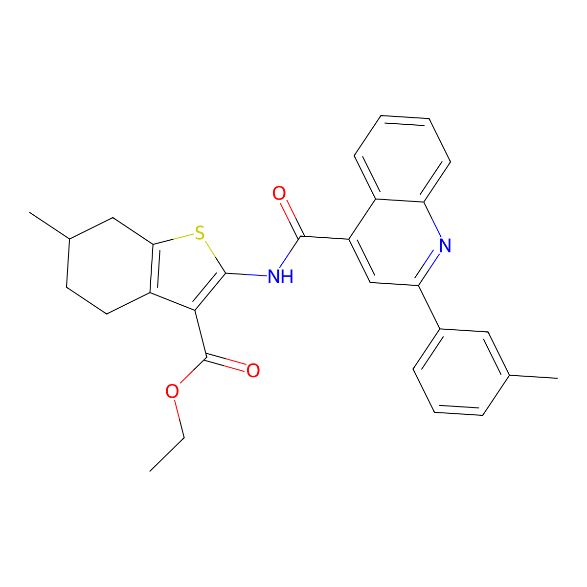 Ethyl 6-methyl-2-({[2-(3-methylphenyl)-4-quinolinyl]carbonyl}amino)-4,5,6,7-tetrahydro-1-benzothiophene-3-carboxylate molecular structure, CAS 549497-11-2