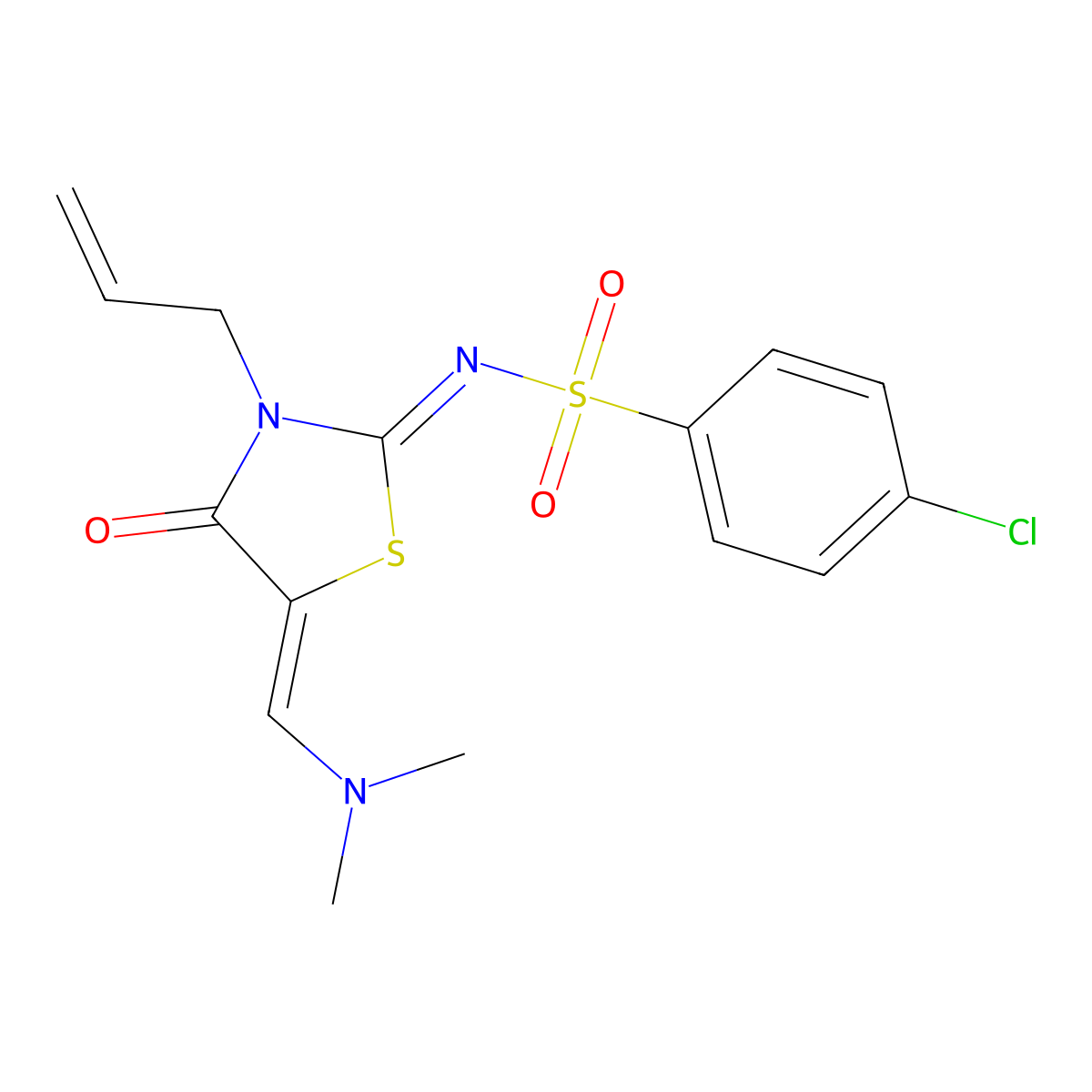 4-chloro-N-[5-(dimethylaminomethylidene)-4-oxo-3-prop-2-enyl-1,3-thiazolidin-2-ylidene]benzenesulfonamide molecular structure, CAS 5495-20-5