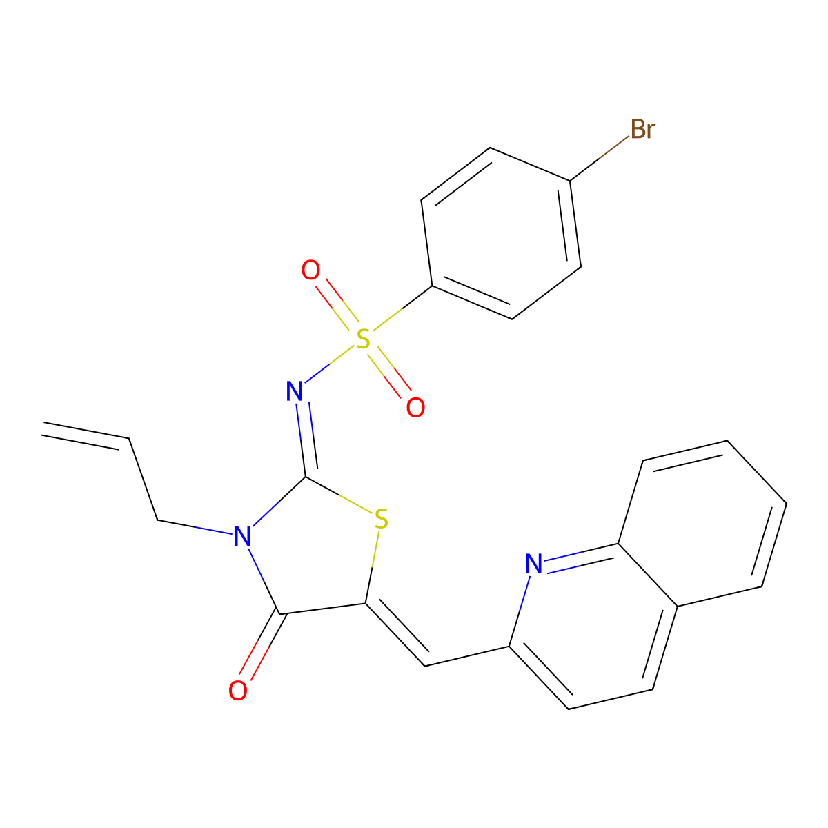 4-bromo-N-[4-oxo-3-prop-2-enyl-5-(quinolin-2-ylmethylidene)-1,3-thiazolidin-2-ylidene]benzenesulfonamide molecular structure, CAS 5495-86-3