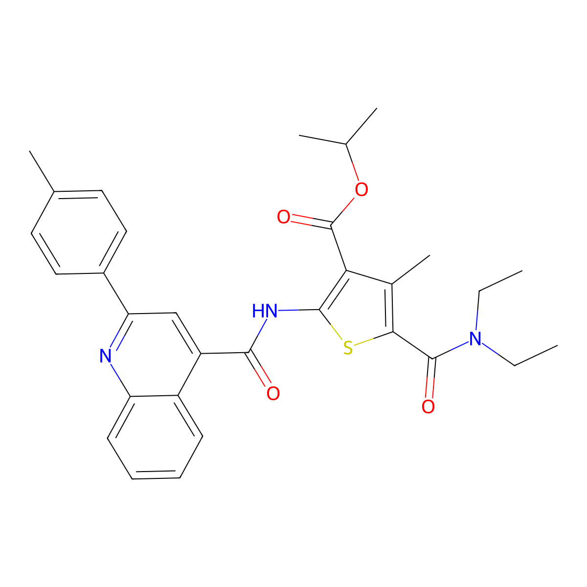 Propan-2-yl 5-(diethylcarbamoyl)-4-methyl-2-[[2-(4-methylphenyl)quinoline-4-carbonyl]amino]thiophene-3-carboxylate molecular structure, CAS 549543-56-8