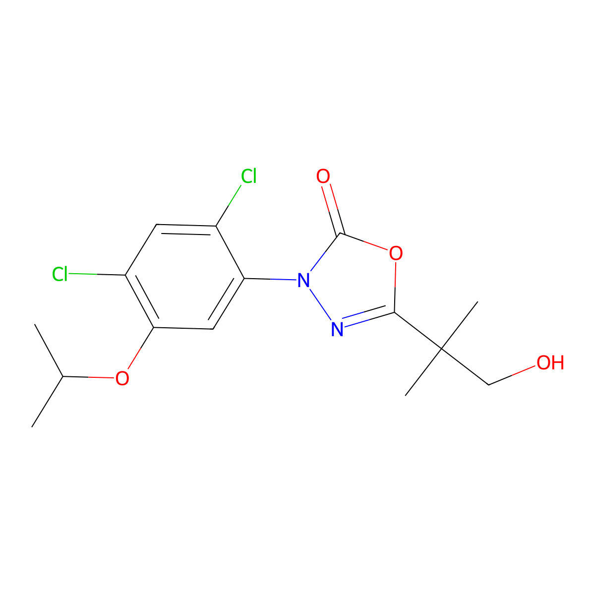 1,3,4-Oxadiazol-2(3H)-one, 3-(2,4-dichloro-5-(1-methylethoxy)phenyl)-5-(2-hydroxy-1,1-dimethylethyl)- molecular structure, CAS 54996-61-1