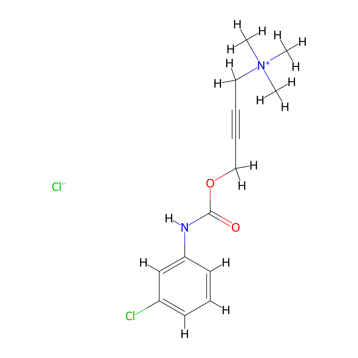 4-((((3-Chlorophenyl)amino)carbonyl)oxy)-N,N,N-trimethyl-2-butyn-1-aminium chloride (1:1) molecular structure, CAS 55-45-8