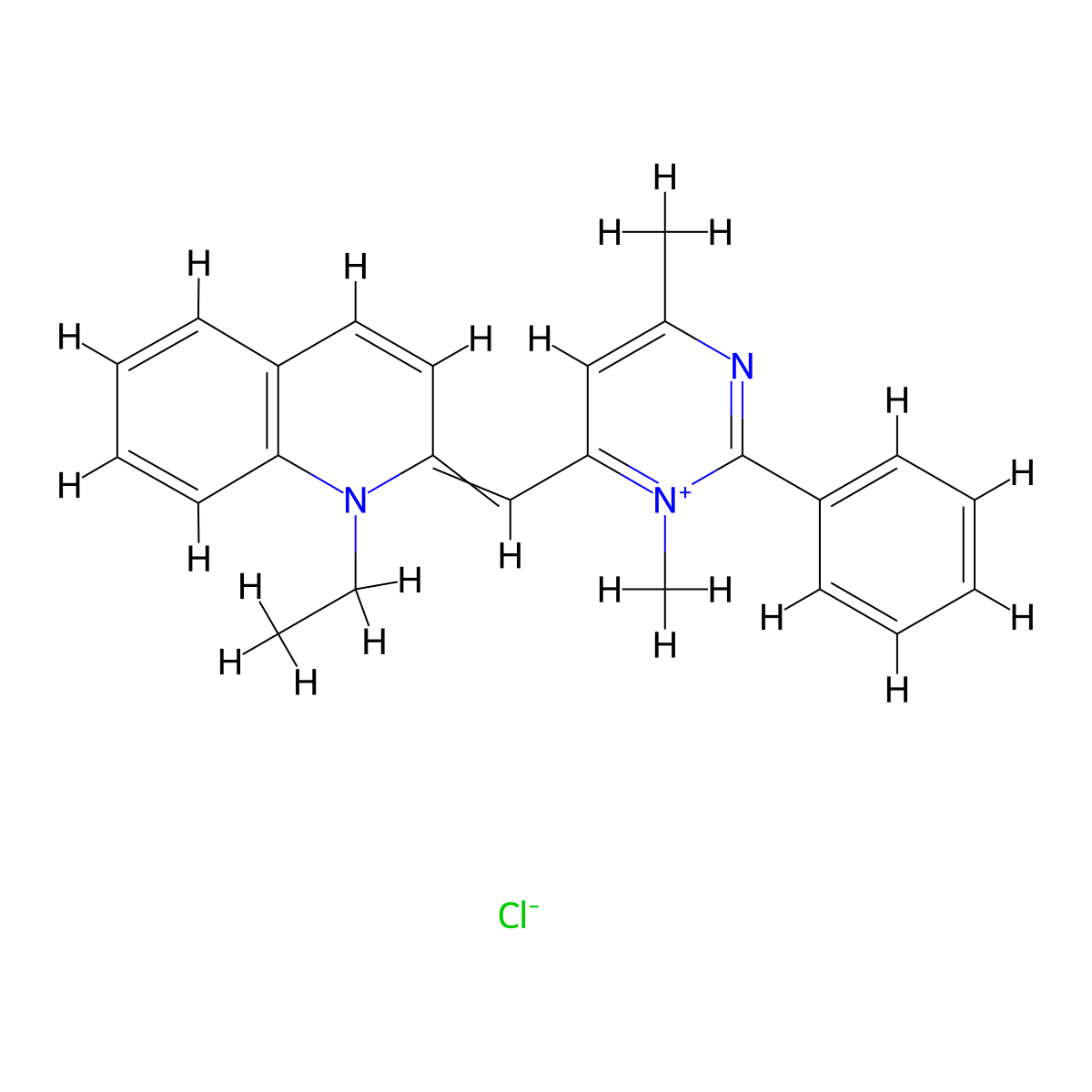Quinolinium, 2-((3,6-dimethyl-2-phenyl-4(3H)-pyrimidinylidene)methyl)-1-ethyl-, chloride (1:1) molecular structure, CAS 550-15-2
