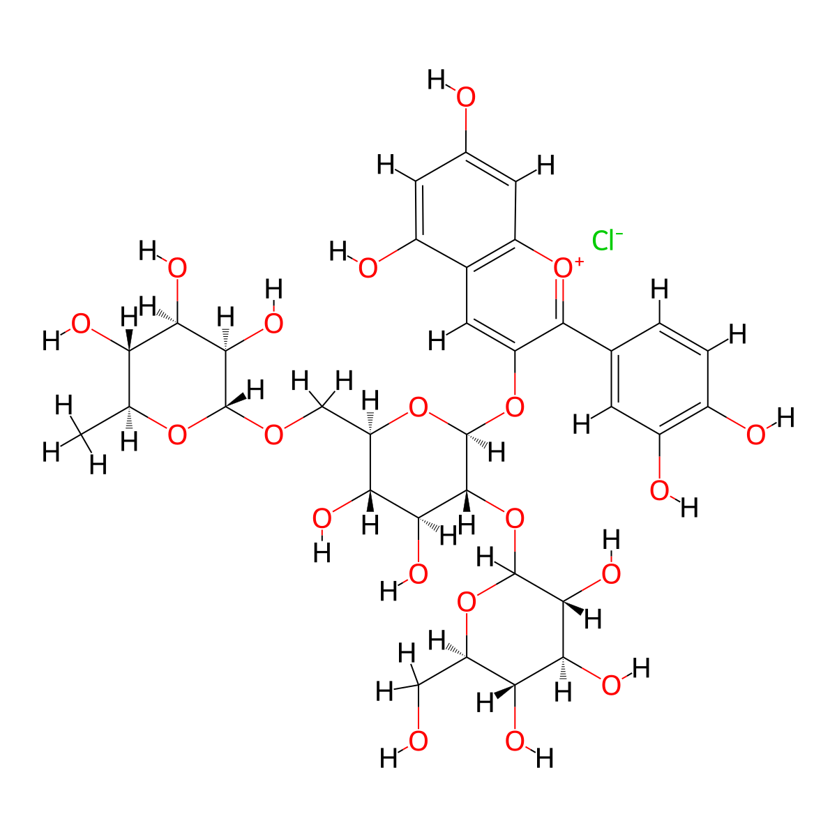 (2R,3R,4R,5R,6S)-2-[[(2R,3S,4S,5R,6S)-6-[2-(3,4-dihydroxyphenyl)-5,7-dihydroxychromenylium-3-yl]oxy-3,4-dihydroxy-5-[(3R,4S,5S,6R)-3,4,5-trihydroxy-6-(hydroxymethyl)oxan-2-yl]oxyoxan-2-yl]methoxy]-6-methyloxane-3,4,5-triol chloride molecular structure, CAS 55028-57-4