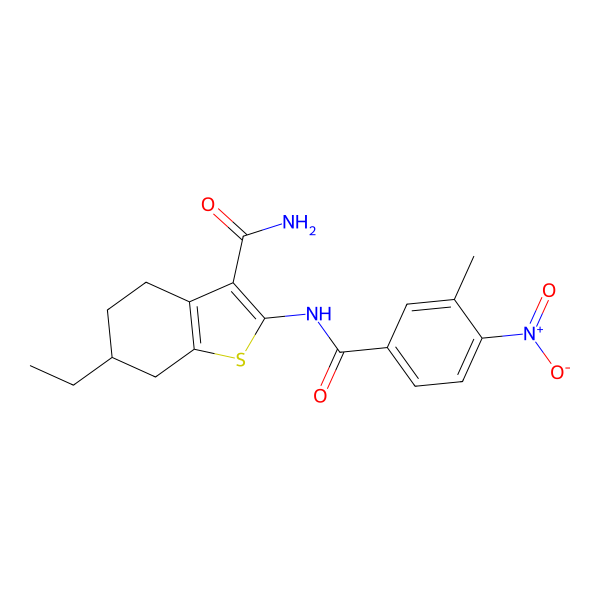 6-Ethyl-2-[(3-methyl-4-nitrobenzoyl)amino]-4,5,6,7-tetrahydro-1-benzothiophene-3-carboxamide molecular structure, CAS 550306-29-1