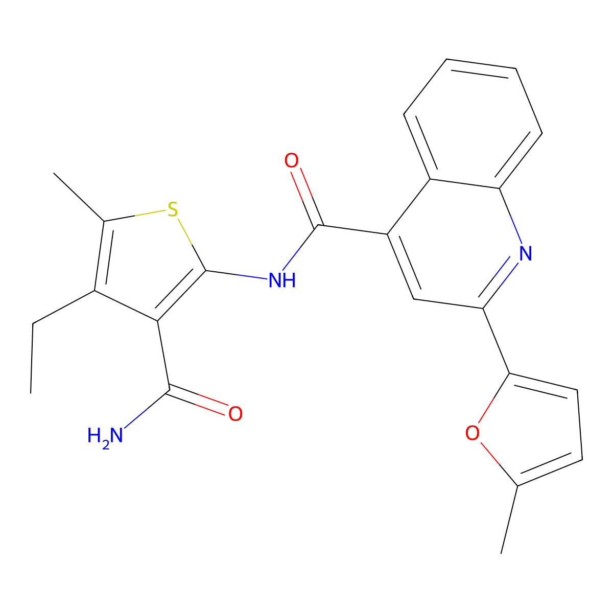 N-(3-carbamoyl-4-ethyl-5-methylthiophen-2-yl)-2-(5-methylfuran-2-yl)quinoline-4-carboxamide molecular structure, CAS 550350-77-1