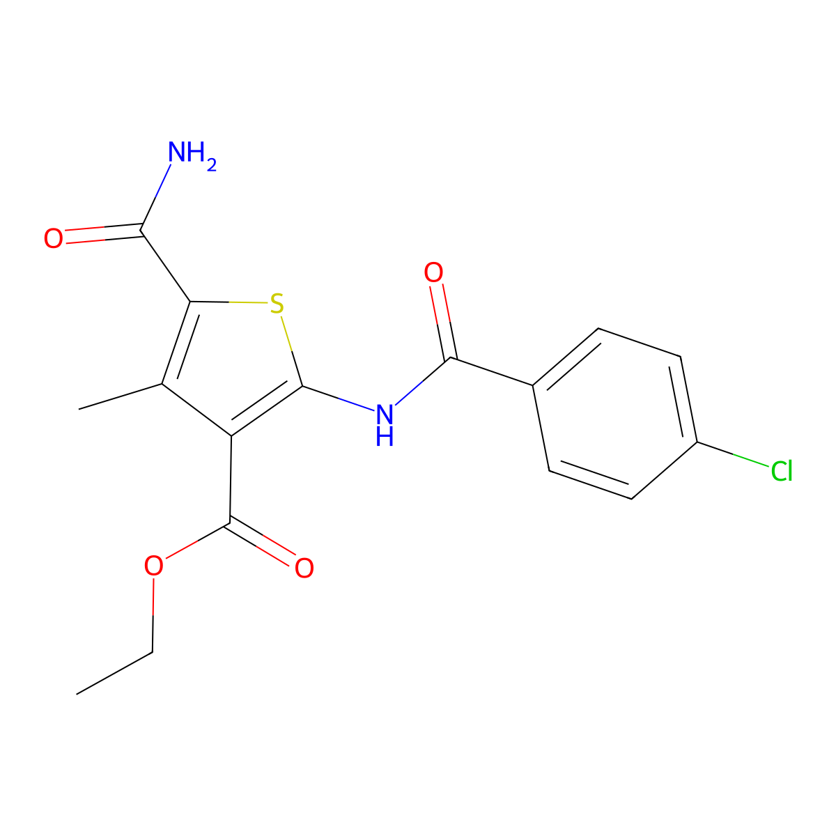 Ethyl 5-carbamoyl-2-[(4-chlorobenzoyl)amino]-4-methylthiophene-3-carboxylate molecular structure, CAS 550354-53-5