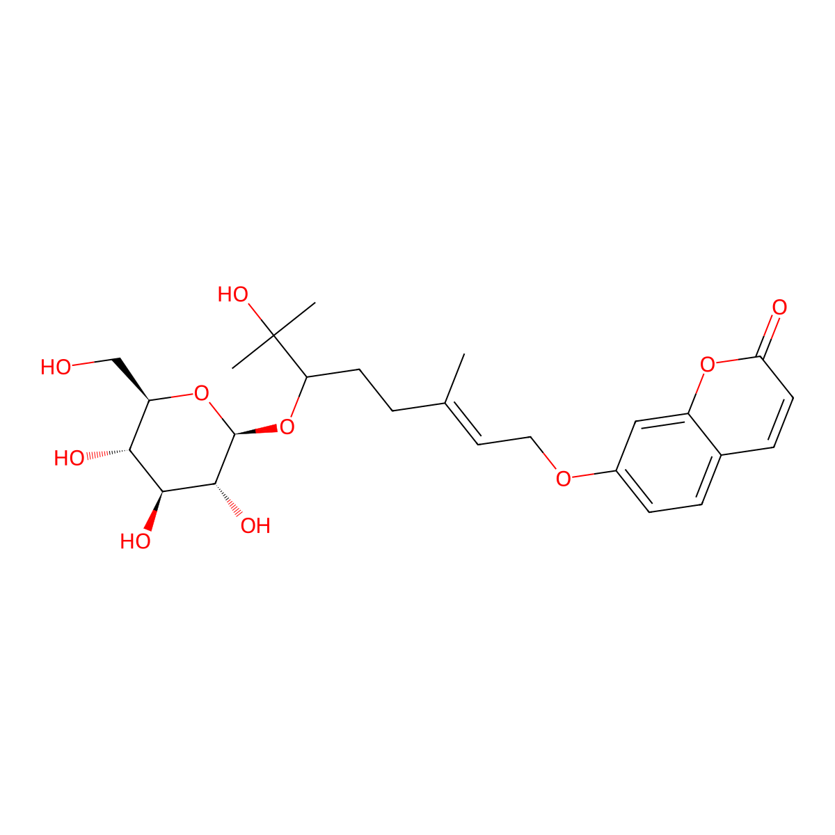 7-[(E)-7-hydroxy-3,7-dimethyl-6-[(2S,3R,4S,5S,6R)-3,4,5-trihydroxy-6-(hydroxymethyl)oxan-2-yl]oxyoct-2-enoxy]chromen-2-one molecular structure, CAS 55062-36-7