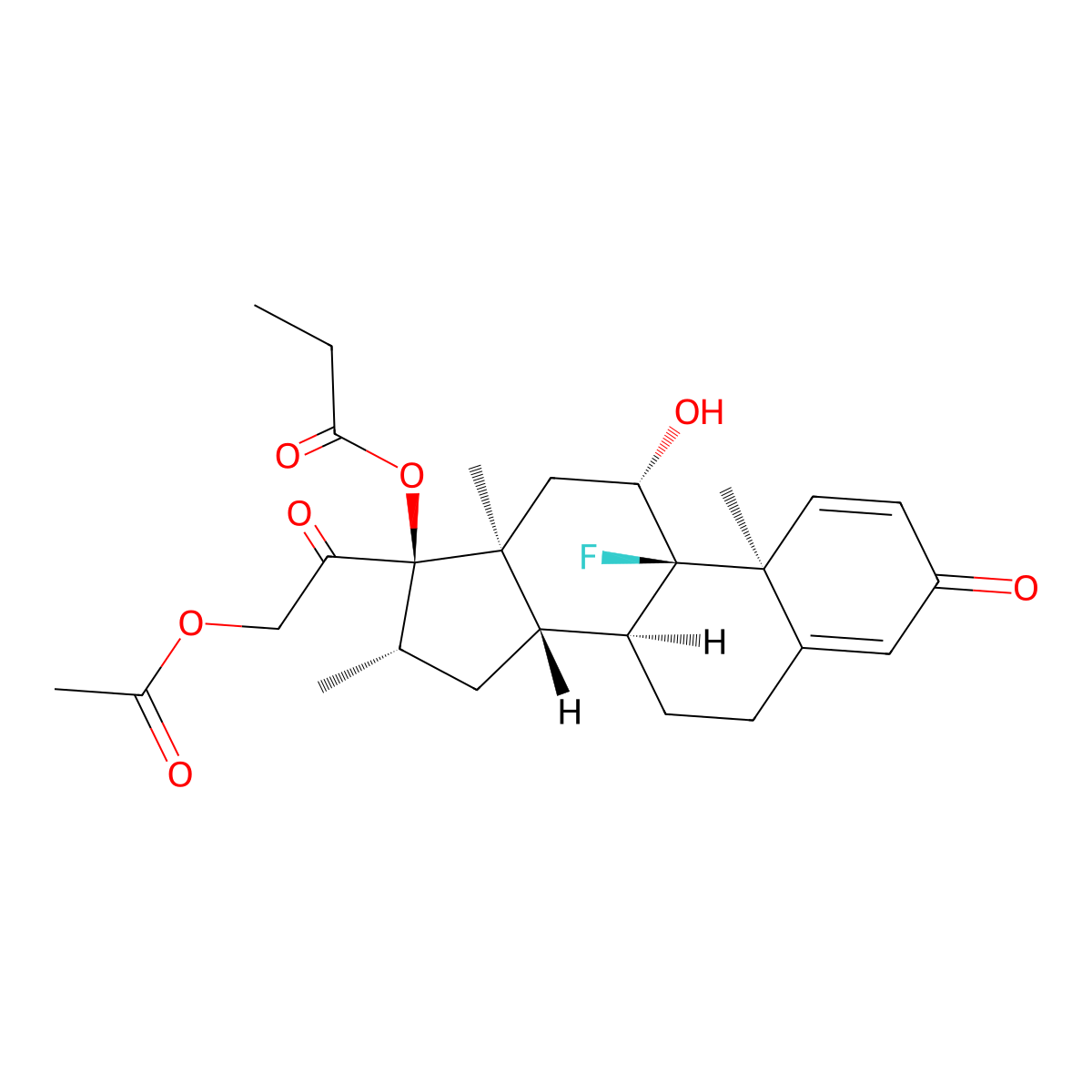 ((8S,9R,10S,11S,13S,14S,16S,17R)-17-(2-acetyloxyacetyl)-9-fluoro-11-hydroxy-10,13,16-trimethyl-3-oxo-6,7,8,11,12,14,15,16-octahydrocyclopenta(a)phenanthren-17-yl) propanoate molecular structure, CAS 5514-81-8