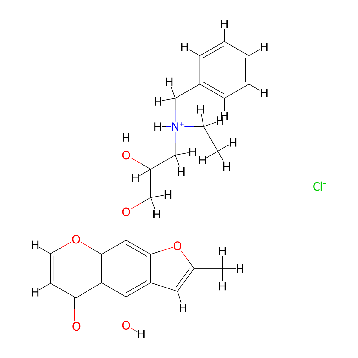 9-(3-(Benzyl(ethyl)amino)-2-hydroxypropoxy)-4-hydroxy-2-methyl-5H-furo(3,2-g)(1)benzopyran-5-one--hydrogen chloride (1/1) molecular structure, CAS 55165-28-1
