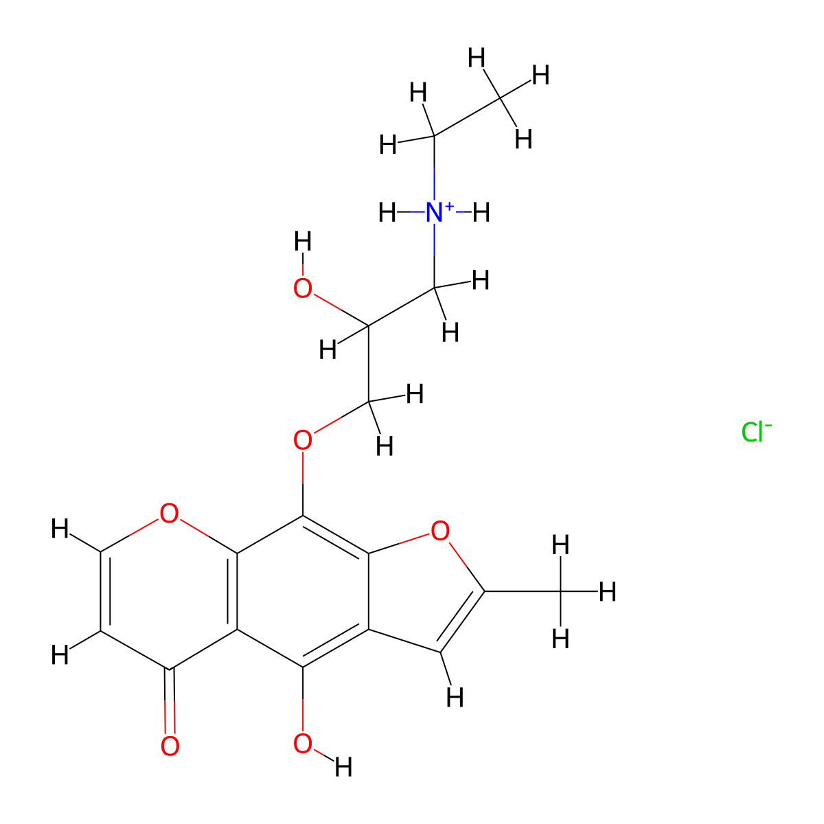 9-(3-(Ethylamino)-2-hydroxypropoxy)-4-hydroxy-2-methyl-5H-furo(3,2-g)(1)benzopyran-5-one--hydrogen chloride (1/1) molecular structure, CAS 55165-34-9