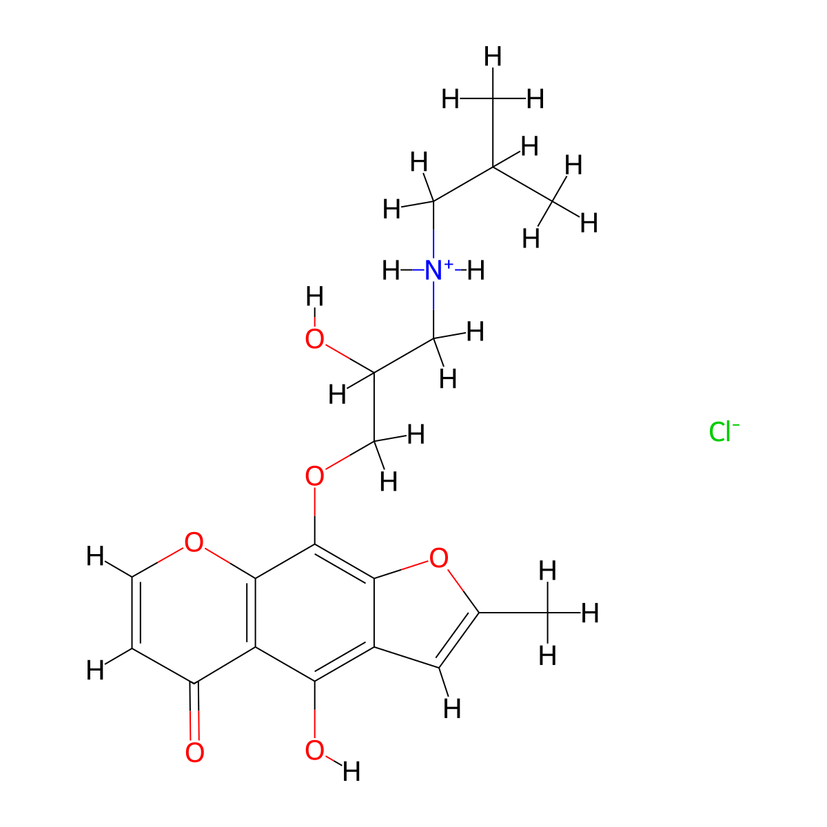 4-Hydroxy-9-(2-hydroxy-3-((2-methylpropyl)amino)propoxy)-2-methyl-5H-furo(3,2-g)(1)benzopyran-5-one--hydrogen chloride (1/1) molecular structure, CAS 55165-35-0