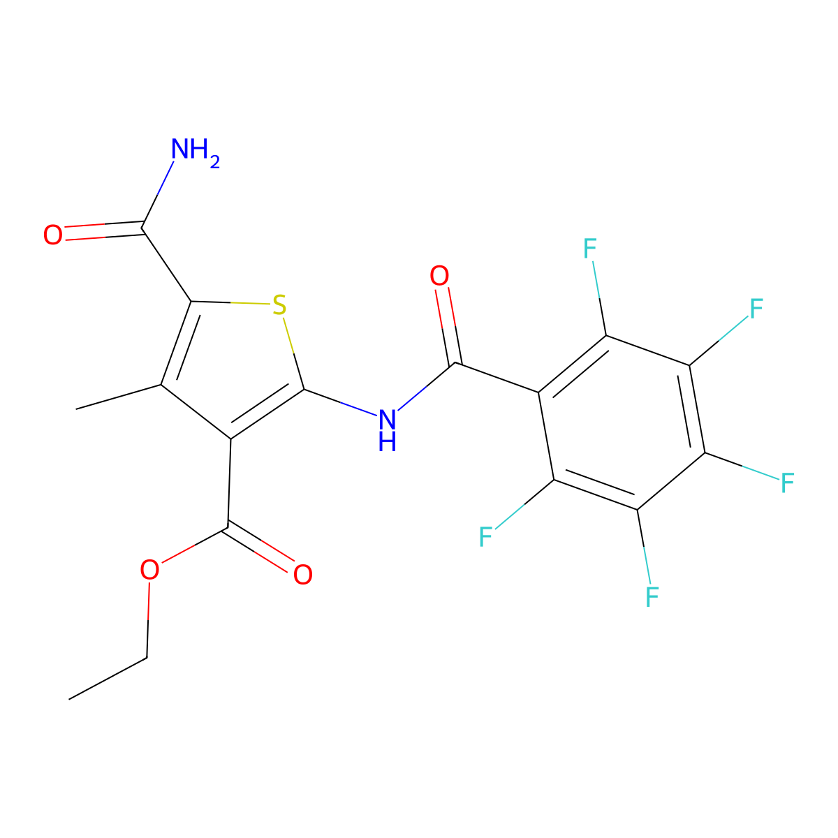 Ethyl 5-carbamoyl-4-methyl-2-(perfluorobenzamido)thiophene-3-carboxylate molecular structure, CAS 551907-64-3