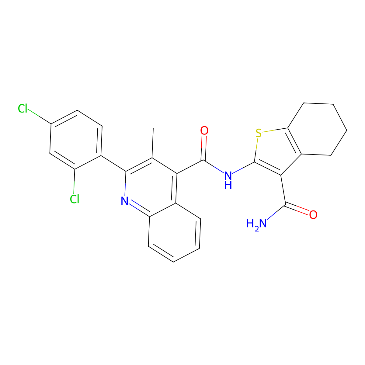 N-(3-carbamoyl-4,5,6,7-tetrahydro-1-benzothiophen-2-yl)-2-(2,4-dichlorophenyl)-3-methylquinoline-4-carboxamide molecular structure, CAS 551911-96-7