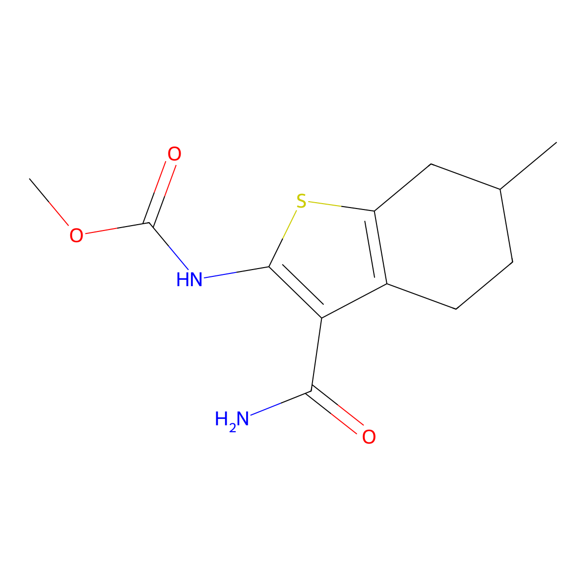 Methyl (3-carbamoyl-6-methyl-4,5,6,7-tetrahydro-1-benzothiophen-2-yl)carbamate molecular structure, CAS 551917-20-5