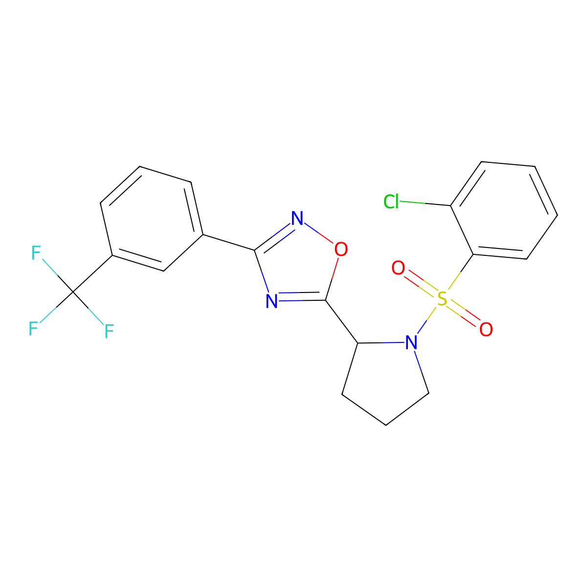 5-[1-(2-Chlorophenyl)sulfonylpyrrolidin-2-yl]-3-[3-(trifluoromethyl)phenyl]-1,2,4-oxadiazole molecular structure, CAS 551930-98-4