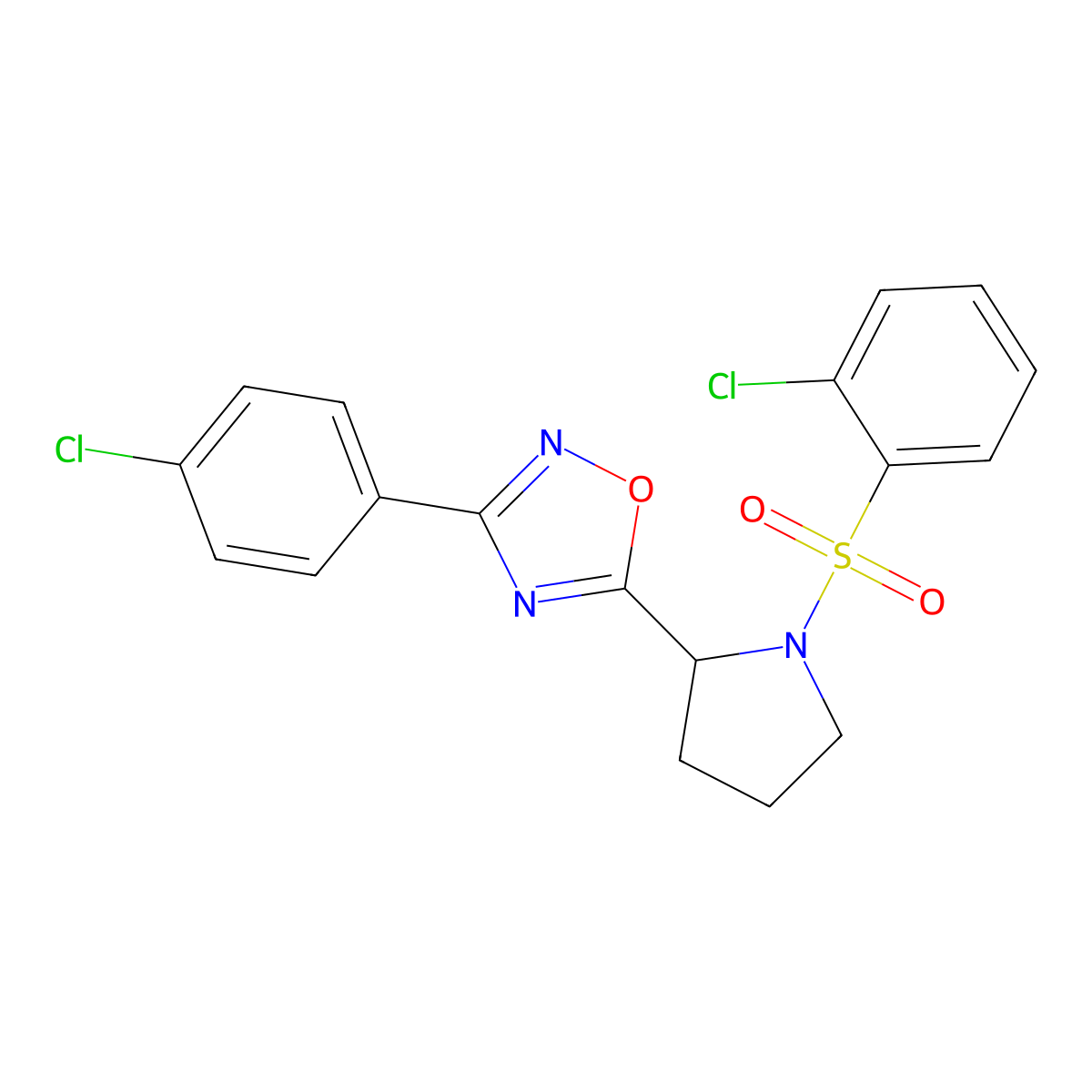 3-(4-Chlorophenyl)-5-{1-[(2-chlorophenyl)sulfonyl]-2-pyrrolidinyl}-1,2,4-oxadiazole molecular structure, CAS 551930-99-5