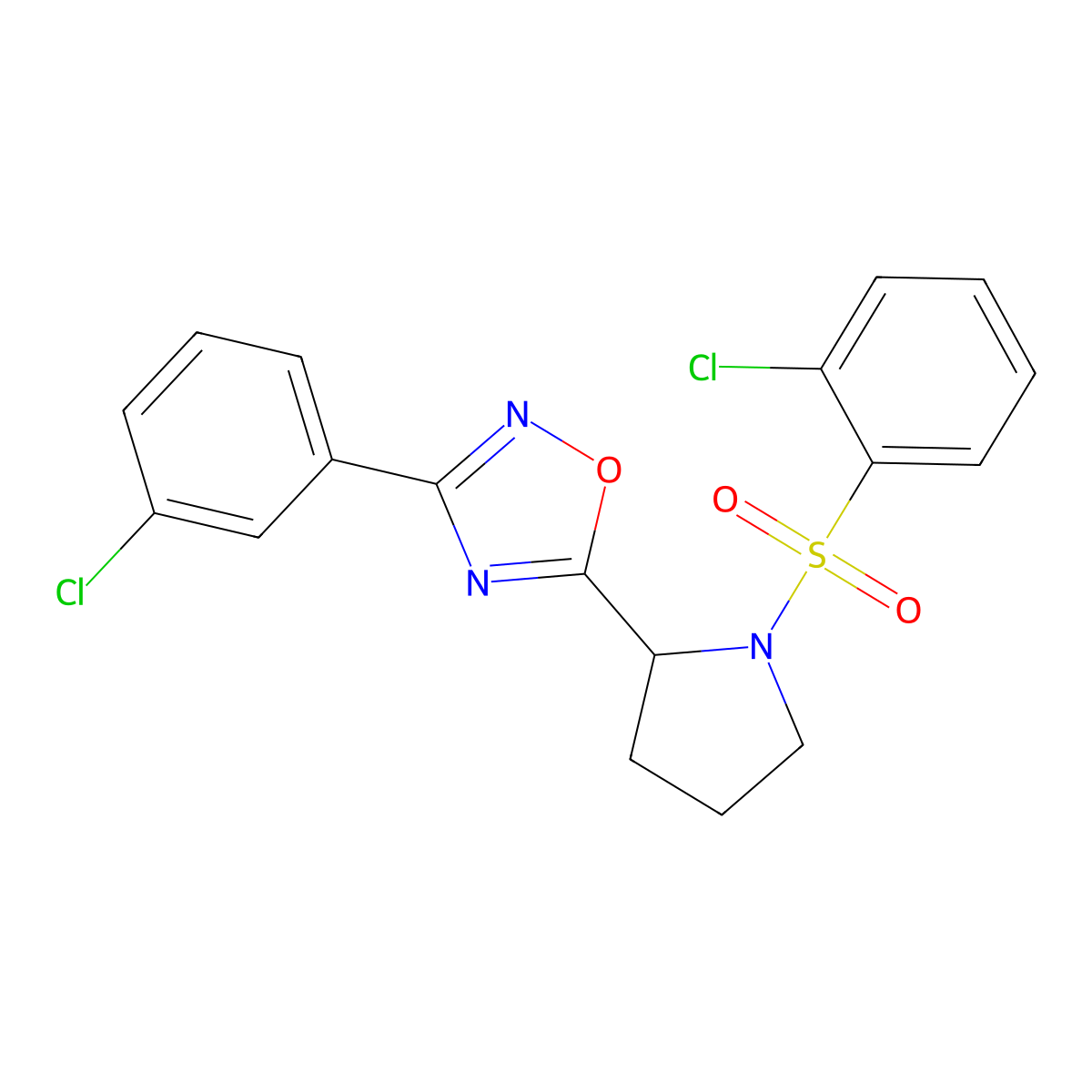 3-(3-Chlorophenyl)-5-{1-[(2-chlorophenyl)sulfonyl]-2-pyrrolidinyl}-1,2,4-oxadiazole molecular structure, CAS 551931-00-1