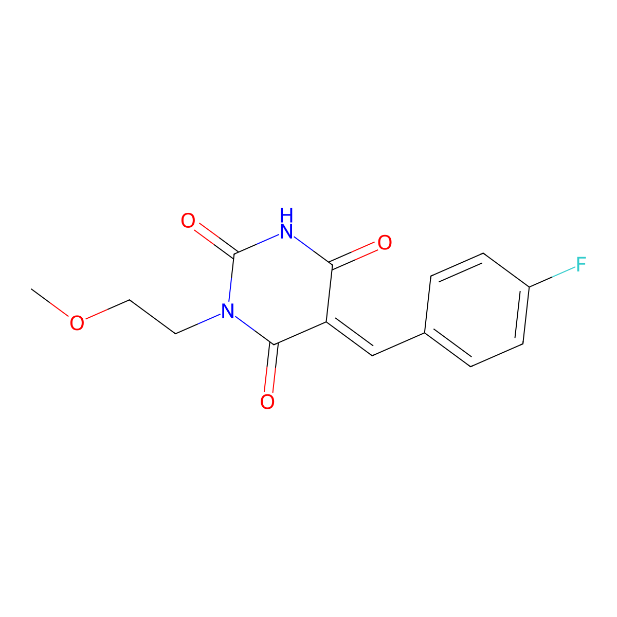 5-[(E)-(4-fluorophenyl)methylidene]-1-(2-methoxyethyl)-2,4,6(1H,3H,5H)-pyrimidinetrione molecular structure, CAS 551931-22-7