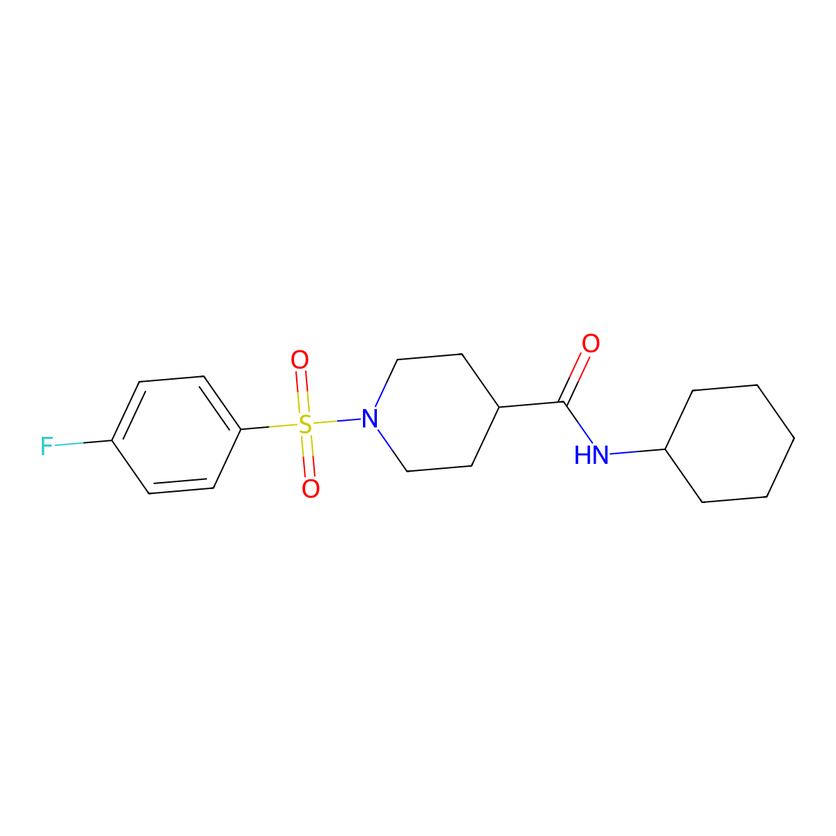 N-cyclohexyl-1-((4-fluorophenyl)sulfonyl)piperidine-4-carboxamide molecular structure, CAS 551931-54-5
