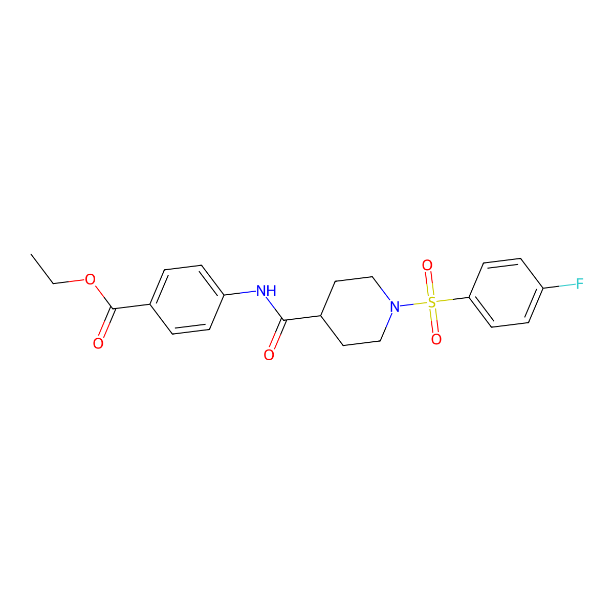 Ethyl 4-(1-((4-fluorophenyl)sulfonyl)piperidine-4-carboxamido)benzoate molecular structure, CAS 551931-57-8