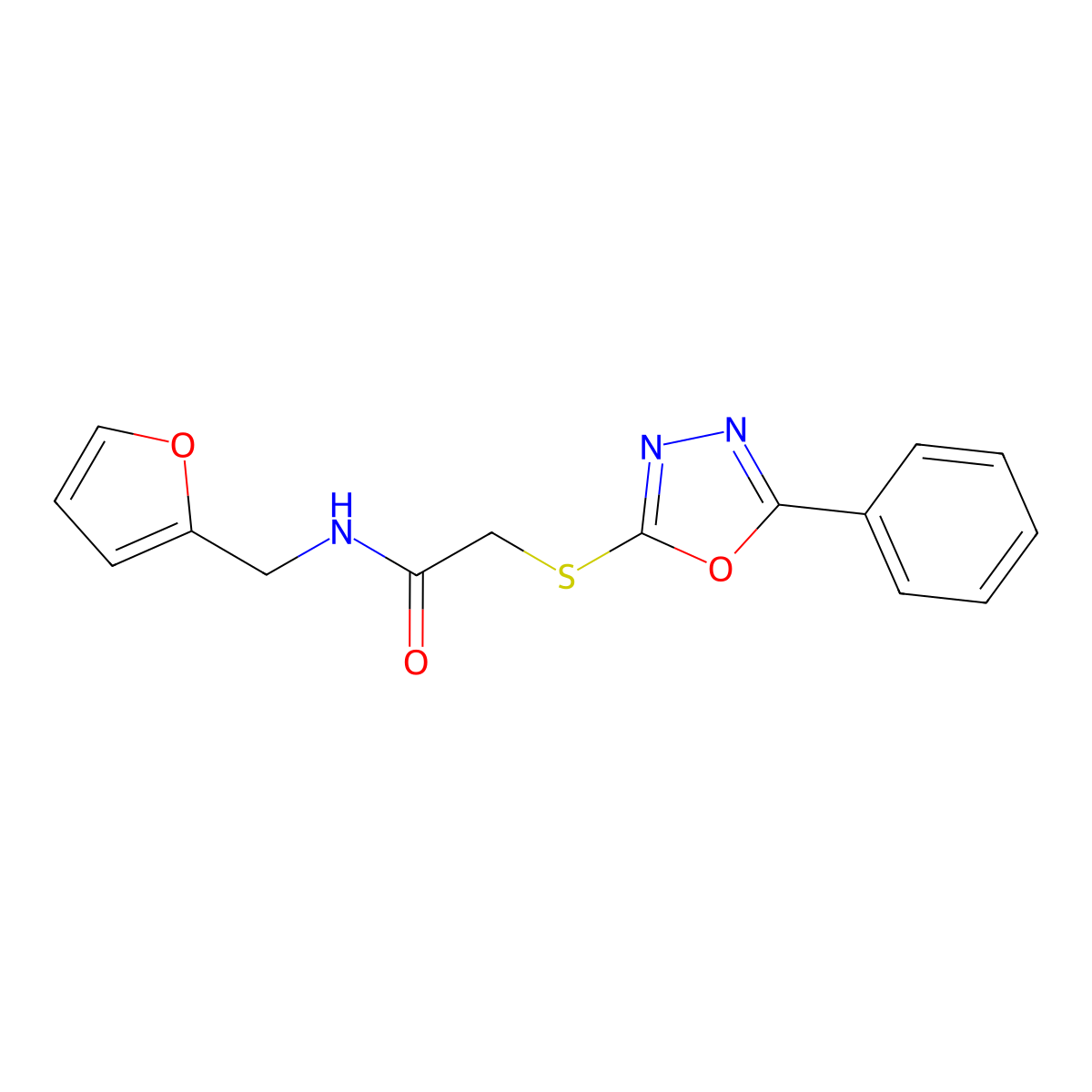 N-(furan-2-ylmethyl)-2-((5-phenyl-1,3,4-oxadiazol-2-yl)thio)acetamide molecular structure, CAS 551933-57-4
