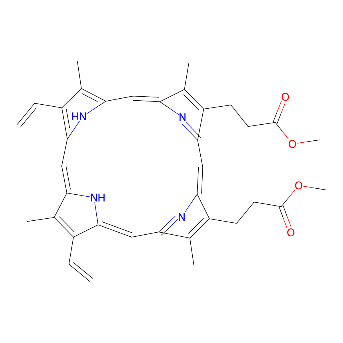 21H,23H-Porphine-2,18-dipropanoic acid-7,12-di(ethenyl-2-14C)-3,8,13,17-tetramethyldimethylester molecular structure, CAS 5522-66-7