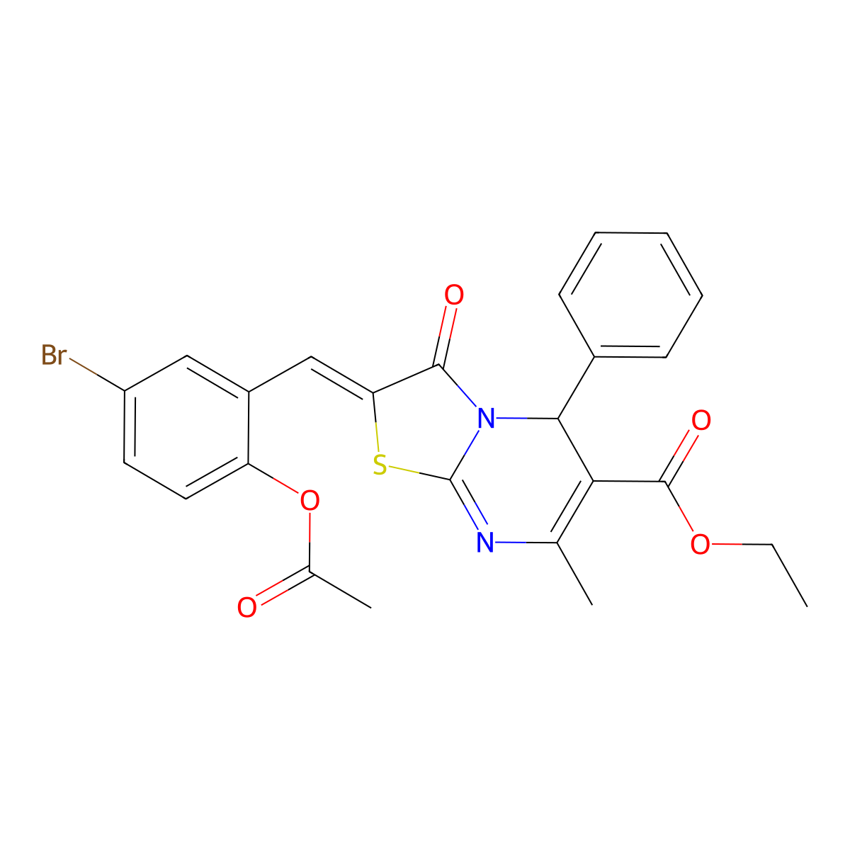 Ethyl 2-{[2-(acetyloxy)-5-bromophenyl]methylidene}-7-methyl-3-oxo-5-phenyl-2,3-dihydro-5H-[1,3]thiazolo[3,2-a]pyrimidine-6-carboxylate molecular structure, CAS 5522-72-5