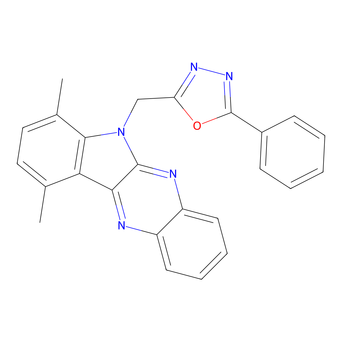 7,10-dimethyl-6-[(5-phenyl-1,3,4-oxadiazol-2-yl)methyl]-6H-indolo[2,3-b]quinoxaline molecular structure, CAS 5522-90-7