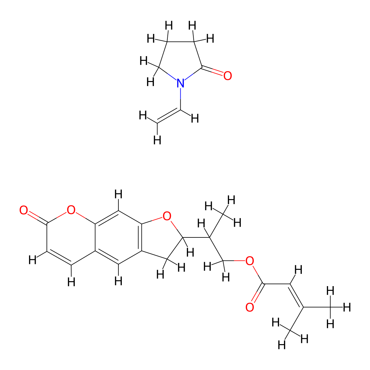 Crotonic acid, 3-methyl-, ester with 2,3-dihydro-2-(1-hydroxy-1-methylethyl)-7H-furo(3,2-g)(1)benzopyran-7-one, (-)-, mixed with N-vinylpyrrolidone (14:86) molecular structure, CAS 55247-73-9