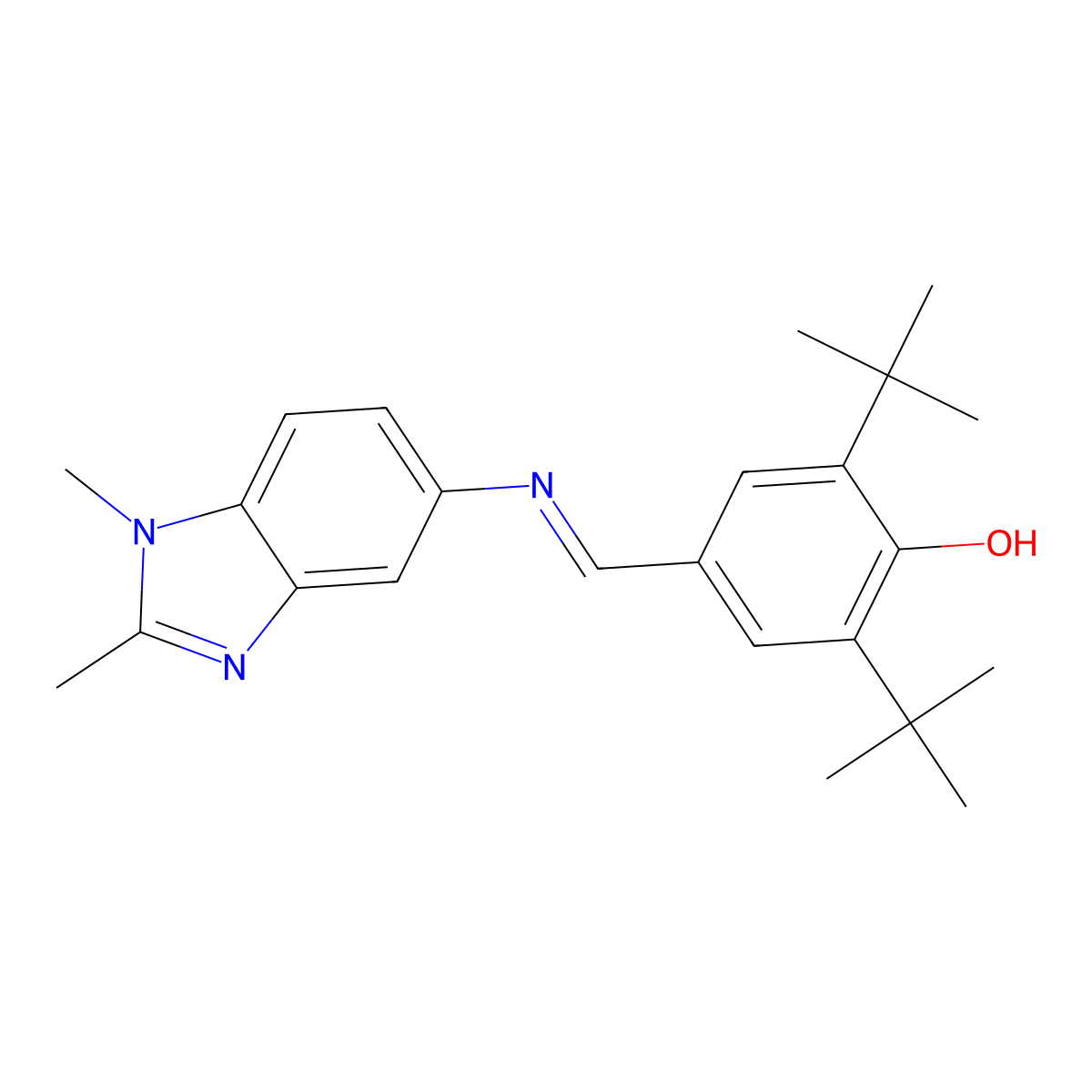 2,6-ditert-butyl-4-{[(1,2-dimethyl-1H-benzimidazol-5-yl)imino]methyl}phenol molecular structure, CAS 5525-06-4