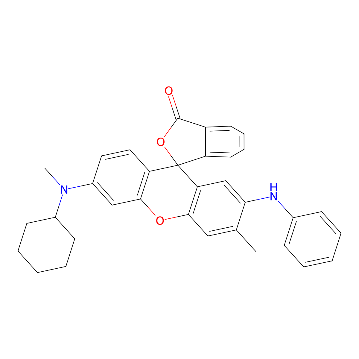 Spiro[isobenzofuran-1(3H),9'-[9H]xanthen]-3-one, 6'-(cyclohexylmethylamino)-3'-methyl-2'-(phenylamino)- molecular structure, CAS 55250-84-5