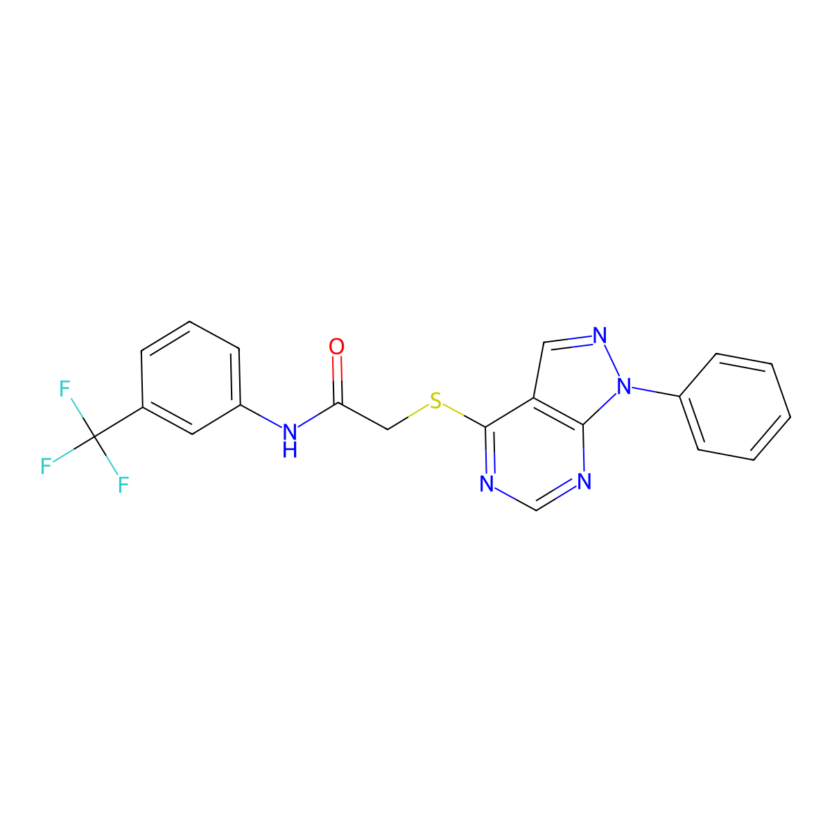 2-((1-phenyl-1H-pyrazolo[3,4-d]pyrimidin-4-yl)thio)-N-(3-(trifluoromethyl)phenyl)acetamide molecular structure, CAS 552820-49-2