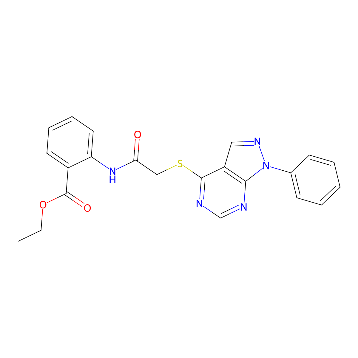 ethyl 2-(2-((1-phenyl-1H-pyrazolo[3,4-d]pyrimidin-4-yl)thio)acetamido)benzoate molecular structure, CAS 552830-16-7