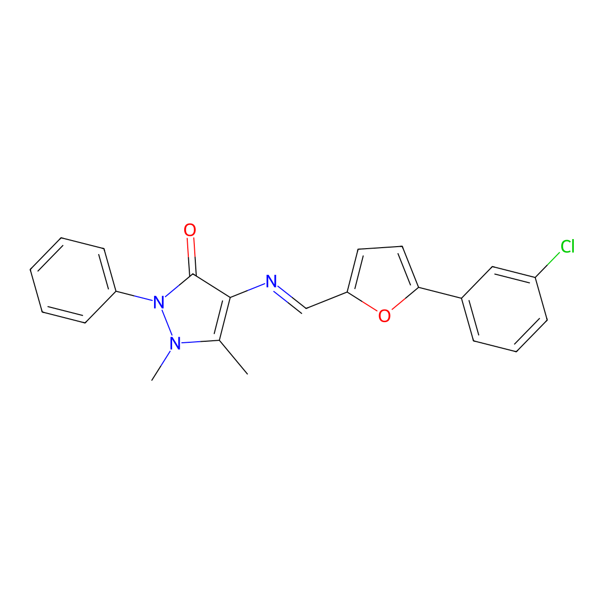 4-[[5-(3-Chlorophenyl)furan-2-yl]methylideneamino]-1,5-dimethyl-2-phenylpyrazol-3-one molecular structure, CAS 5529-91-9
