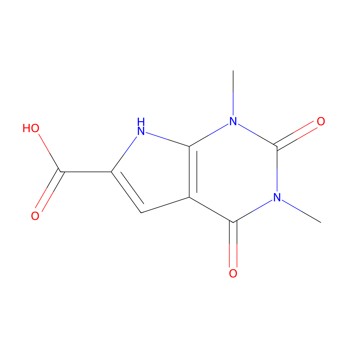 1,3-dimethyl-2,4-dioxo-2,3,4,7-tetrahydro-1H-pyrrolo[2,3-d]pyrimidine-6-carboxylic acid molecular structure, CAS 55307-37-4