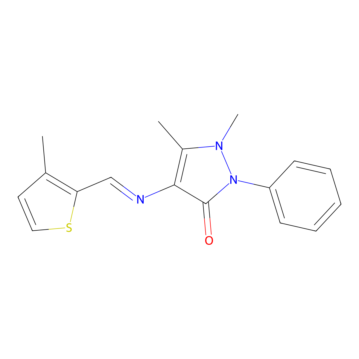1,5-dimethyl-4-{[(3-methyl-2-thienyl)methylene]amino}-2-phenyl-1,2-dihydro-3H-pyrazol-3-one molecular structure, CAS 5531-59-9