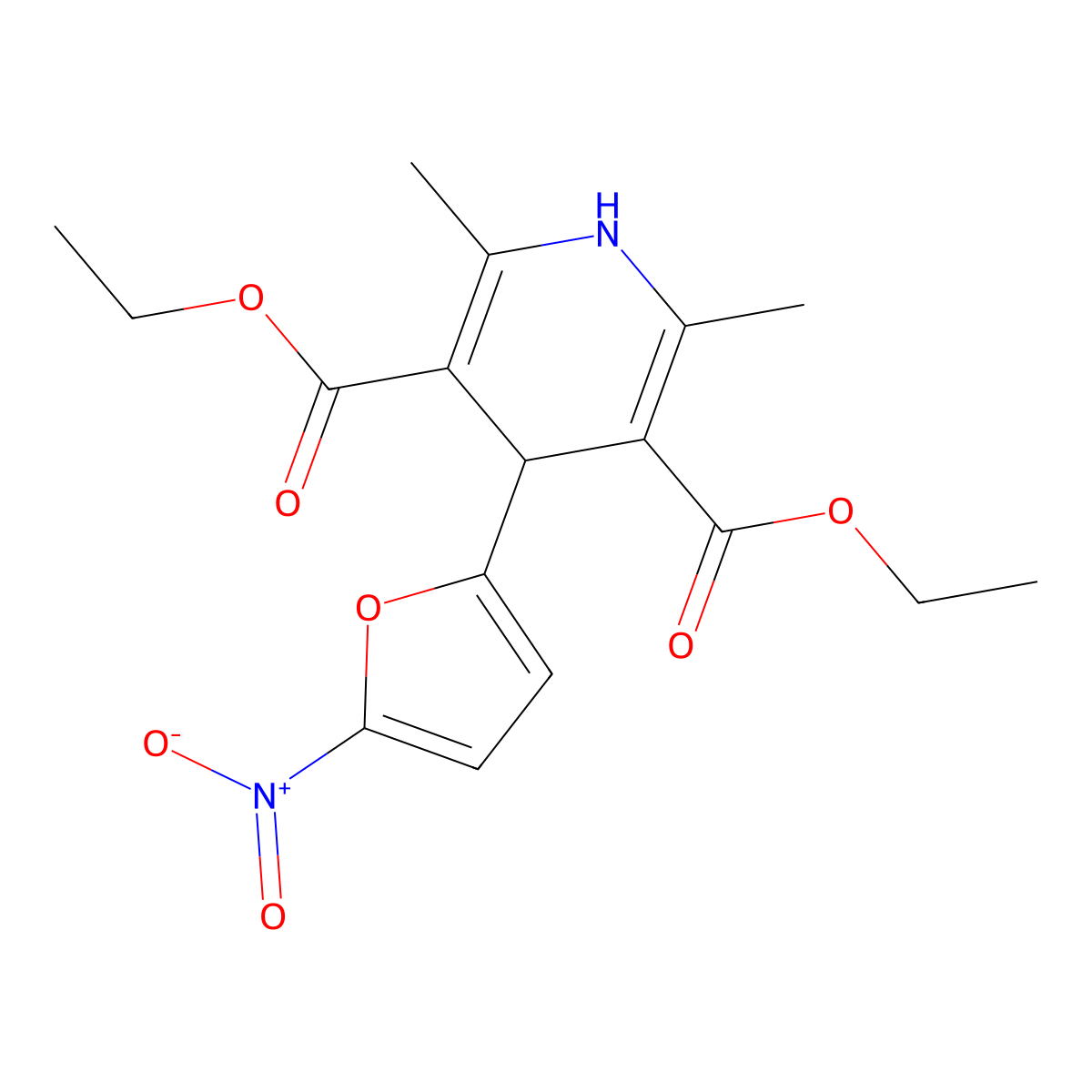 3,5-Pyridinedicarboxylic acid, 1,4-dihydro-2,6-dimethyl-4-(5-nitro-2-furyl)-, diethyl ester molecular structure, CAS 55315-49-6