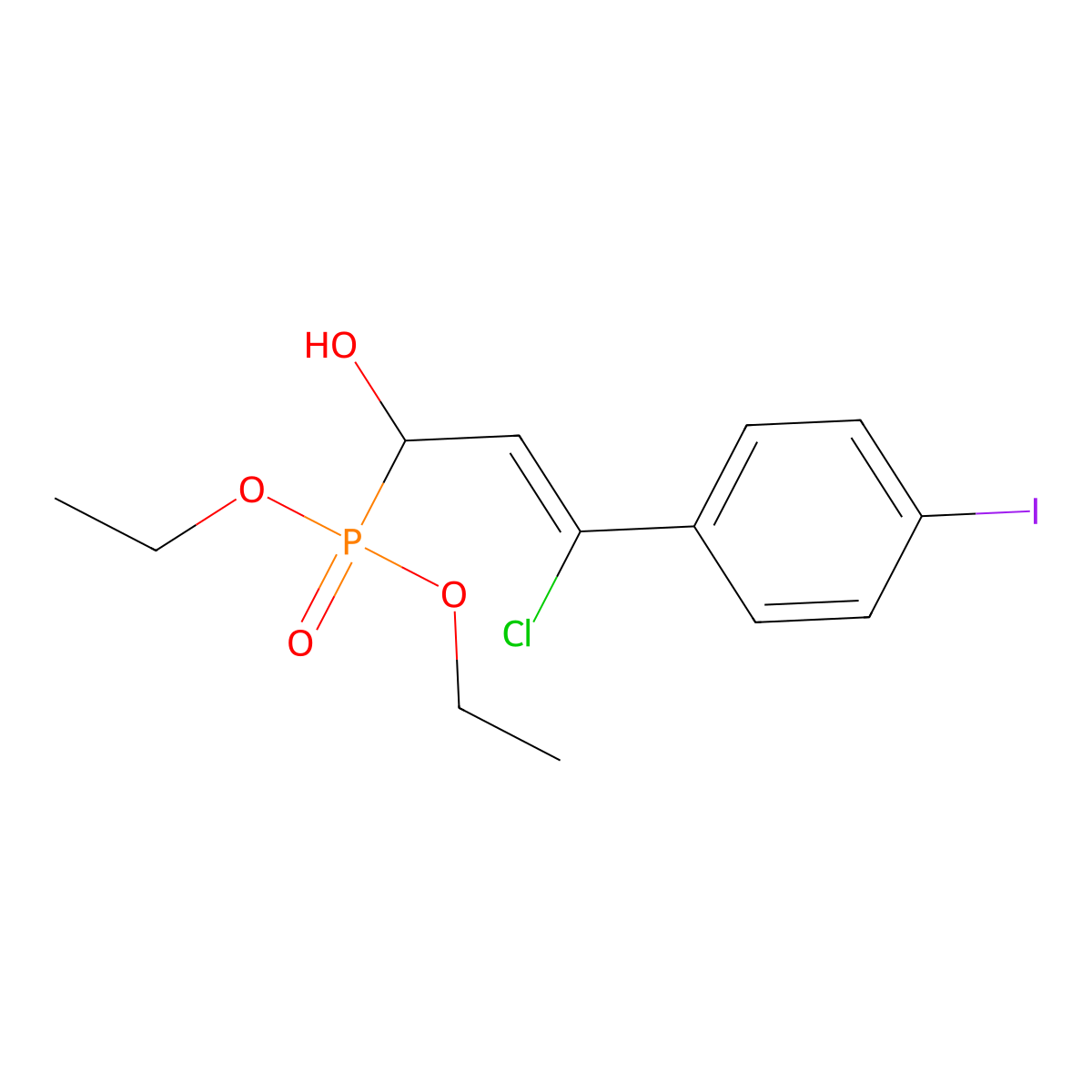 Phosphonic acid, [3-chloro-1-hydroxy-3-(4-iodophenyl)-2-propenyl]-, diethyl ester molecular structure, CAS 55338-84-6