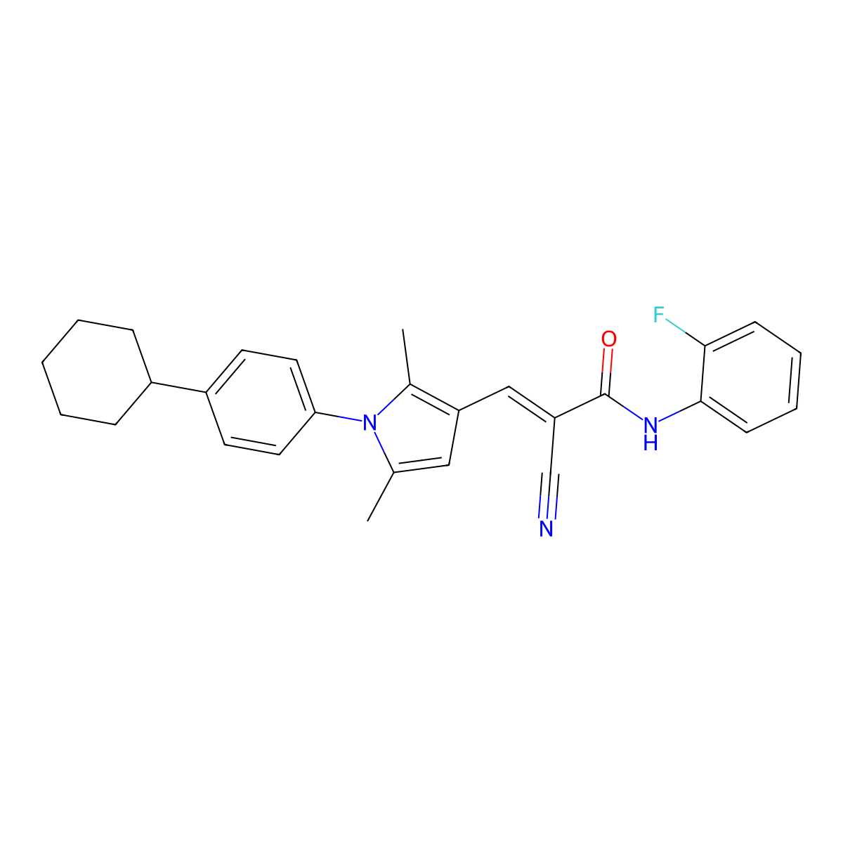 2-cyano-3-[1-(4-cyclohexylphenyl)-2,5-dimethylpyrrol-3-yl]-N-(2-fluorophenyl)prop-2-enamide molecular structure, CAS 5536-04-9