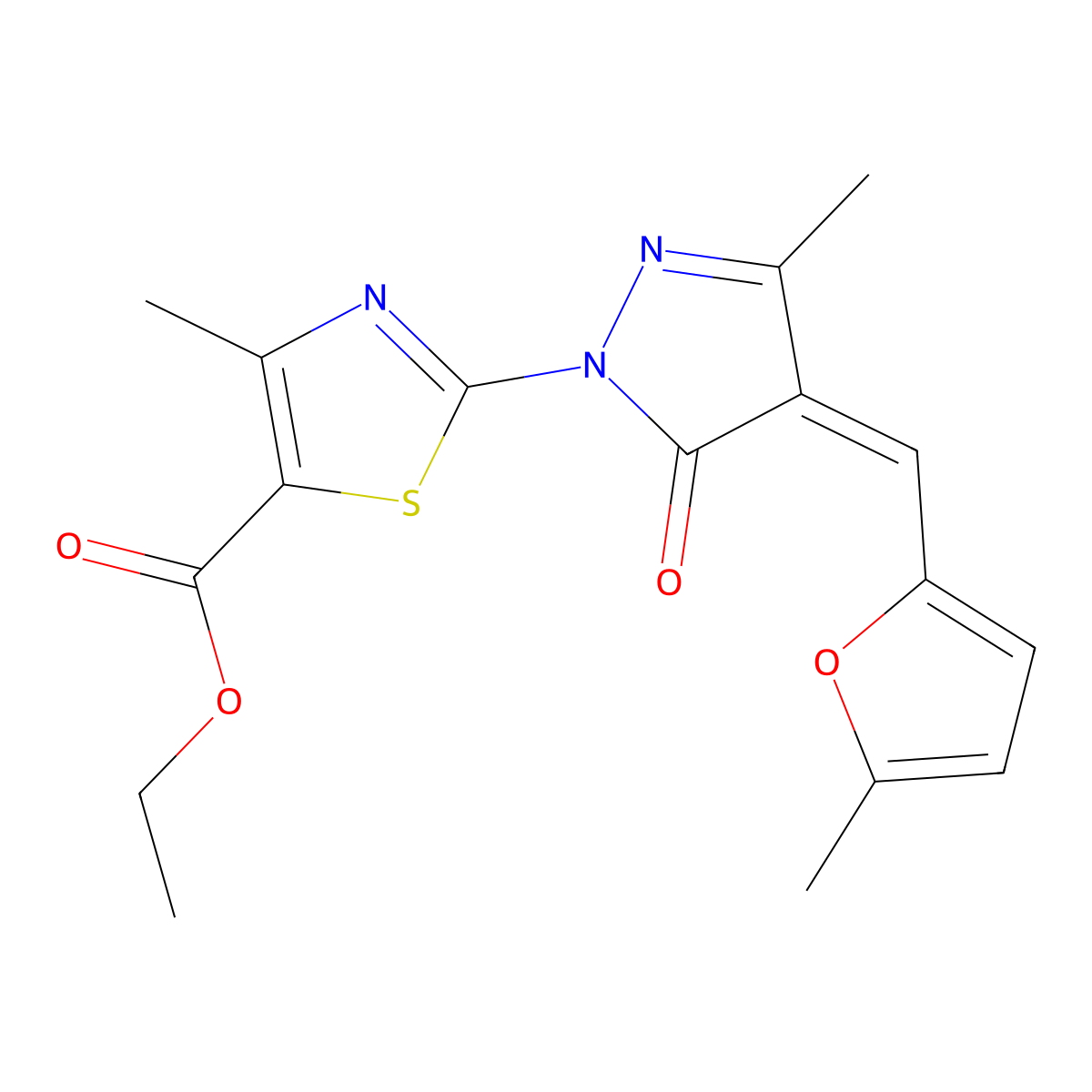 Ethyl 4-methyl-2-{3-methyl-4-[(5-methylfuran-2-yl)methylidene]-5-oxo-4,5-dihydro-1H-pyrazol-1-yl}-1,3-thiazole-5-carboxylate molecular structure, CAS 5536-54-9