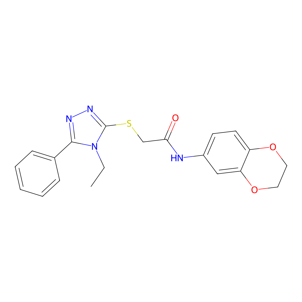 N-(2,3-dihydro-1,4-benzodioxin-6-yl)-2-[(4-ethyl-5-phenyl-1,2,4-triazol-3-yl)sulfanyl]acetamide molecular structure, CAS 553661-60-2